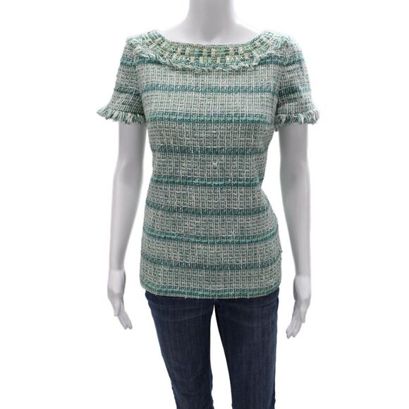 Tory Burch Tops - Tory Burch Women Striped Round Neck Short Sleeve Blouse Green Size 8